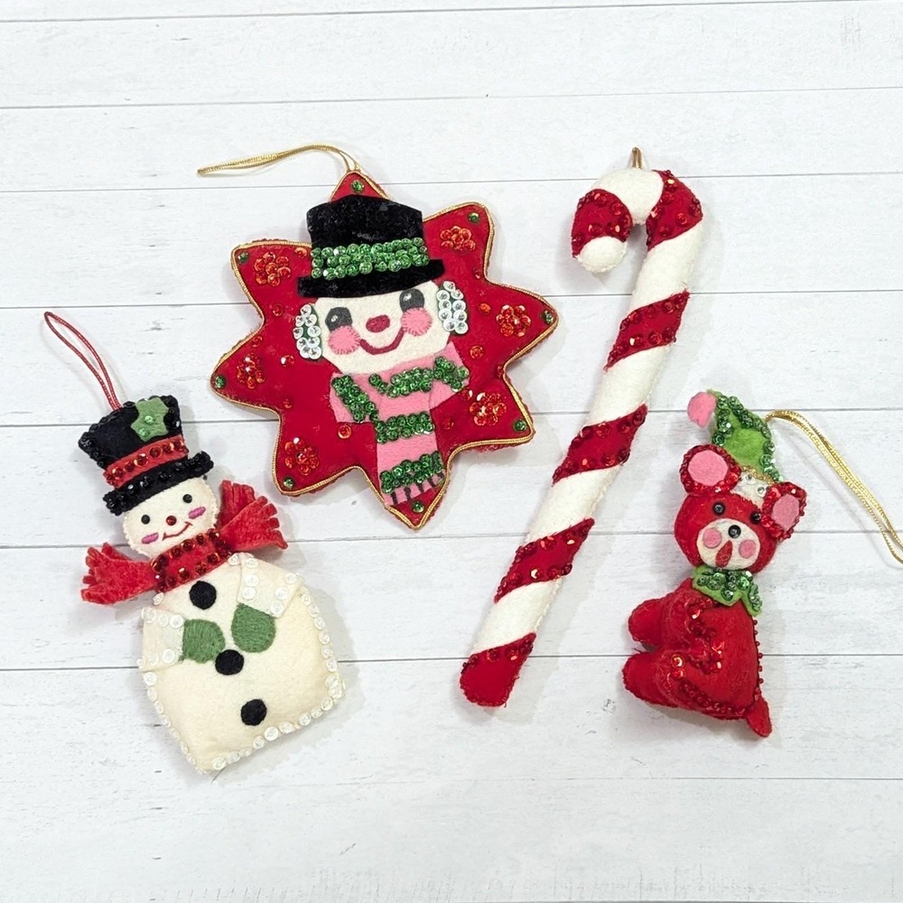 Vintage Felt Sequin Beaded Snowman Candy Cane Christmas Ornament Lot of 4 MCM